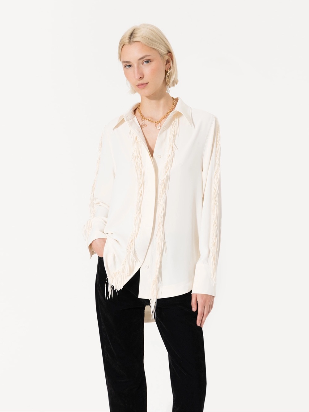 Western Cowgirl Fringe Sleeves Cream Button Down Shirt Sz L
